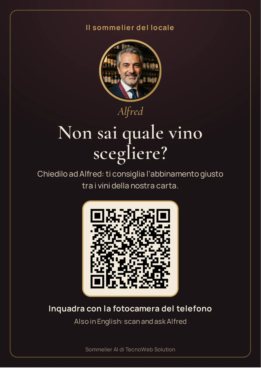 Locandina QR Code con Alfred, il Sommelier Digitale AI per abbinamento vini e piatti - TecnoWeb Salerno