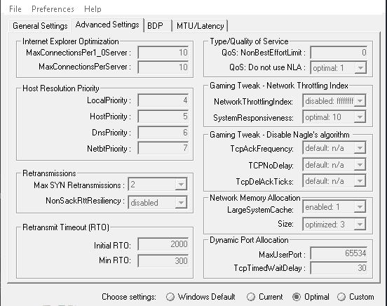 Pannello di configurazione dei parametri TCP/IP avanzati: MTU, RWIN, QoS, Network Throttling Index e Dynamic Port Allocation - TecnoWeb Salerno