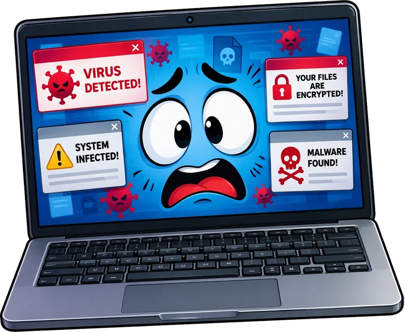 Riparazione PC a Salerno: portatile con virus e malware, avvisi di sistema infetto e file cifrati