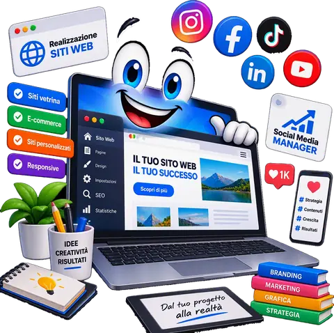 Gestione social media a Salerno e provincia: il PC sorridente di TecnoWeb con le icone di Facebook, Instagram, TikTok, YouTube e LinkedIn