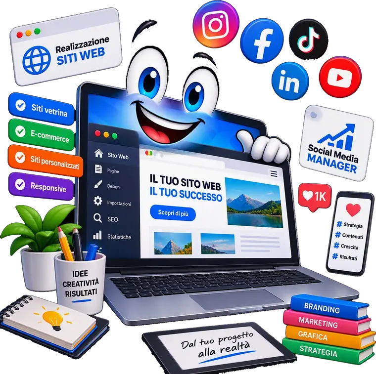 Gestione social media a Salerno e provincia: sito web, profili Facebook, Instagram, TikTok e YouTube con il PC sorridente di TecnoWeb