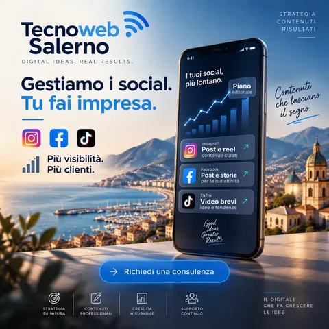 Social media manager per aziende agricole e caseifici di Eboli: grafica TecnoWeb con smartphone e profili Instagram, Facebook e TikTok