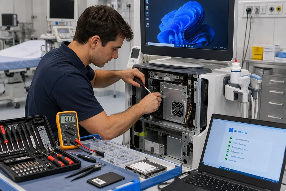 Tecnico al lavoro sul computer interno di un ecografo in ambulatorio: smonta il pannello con il cacciavite, accanto multimetro, ricambi e un portatile con i test di Windows 11 superati